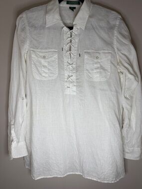 Lauren Ralph Lauren White Linen Lace-Up Tunic Shirt
